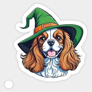 A brown and white dog wearing a green witches hat Sticker